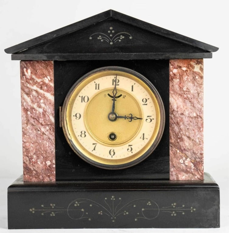 ANTIQUE ROSE & BLACK MARBLE COLUMN MANTLE CLOCK (1 of 7)