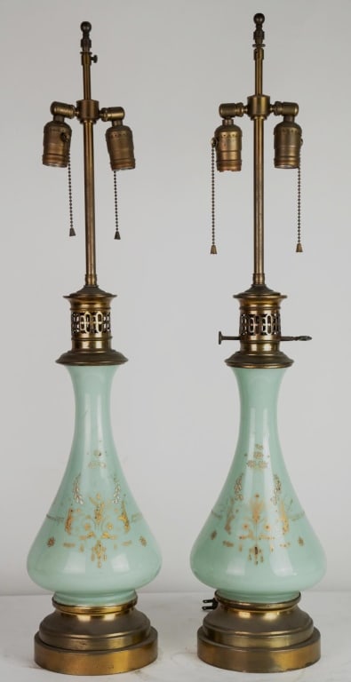 CELEDON FLORAL PAINTED GLASS VINTAGE LAMPS (1 of 7)