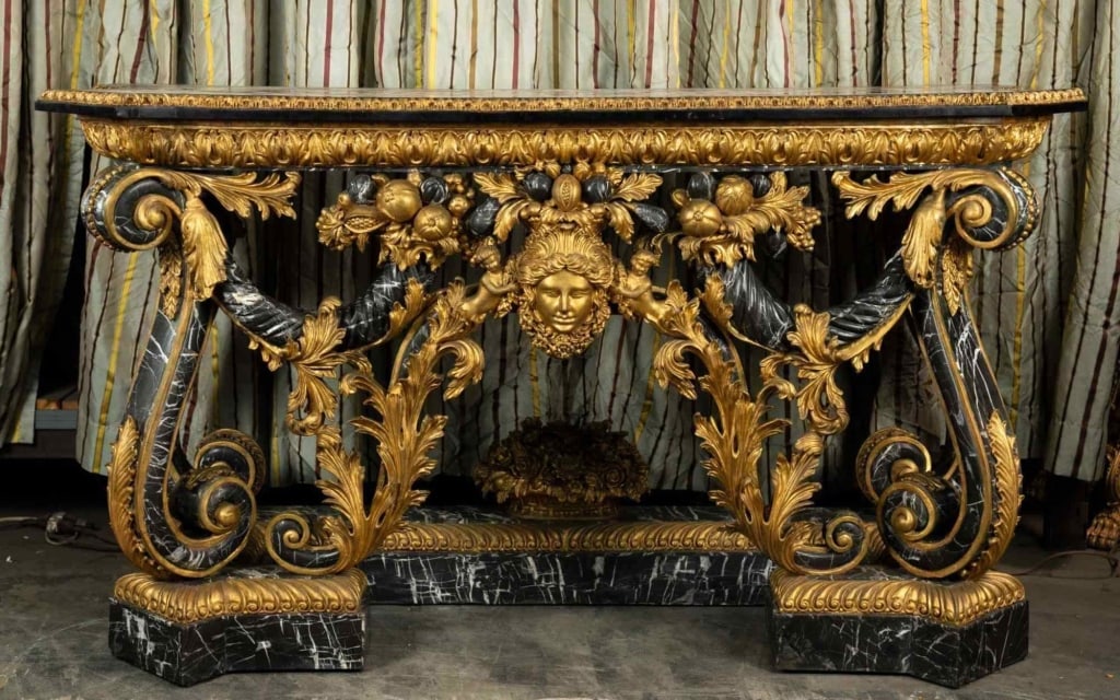 ITALIAN PIETRA DURA CARVED MARBLE & GILT CONSOLE: Italian pietra dura carved marble & gilt console prop from the movie "red notice". Cornucopia marble. Note: Each lot in this auction was stored in an active industrial warehouse. Accordingly, lots may