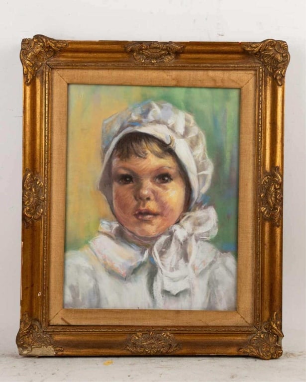 PASTEL PORTRAIT OF A BABY IN GILT FRAME: Pastel portrait of a baby in gilt frame. Note: Each lot in this auction was stored in an active industrial warehouse. Accordingly, lots may exhibit dust and/or surface residue and may benefit from cle