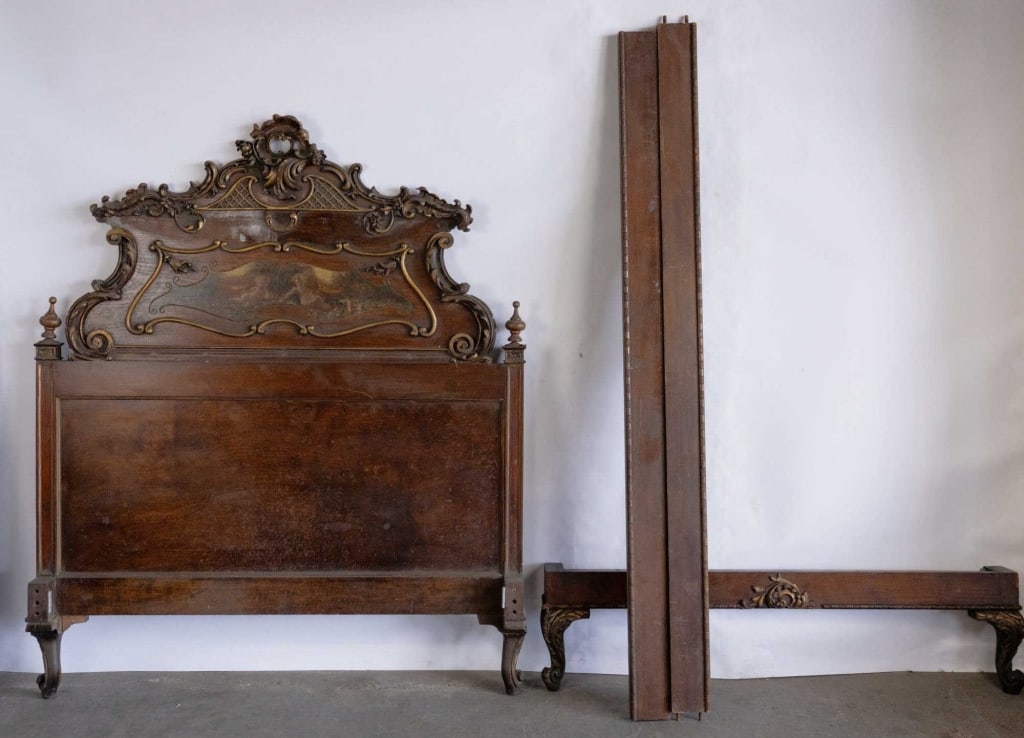 FRENCH ANTIQUE CARVED PAINTED DECORATED SINGLE: French antique carved painted decorated single. Note: Each lot in this auction was stored in an active industrial warehouse. Accordingly, lots may exhibit dust and/or surface residue and may benefit f