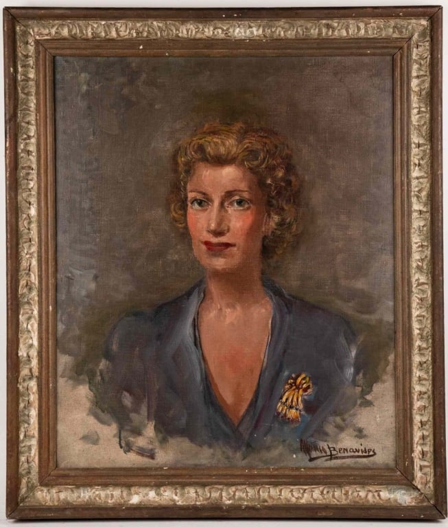 FEMALE PORTRAIT, OIL ON CANVAS: Female portrait, oil on canvas. Signed "Alfonso Benavides" to lr. Note: Each lot in this auction was stored in an active industrial warehouse. Accordingly, lots may exhibit dust and/or surface residue