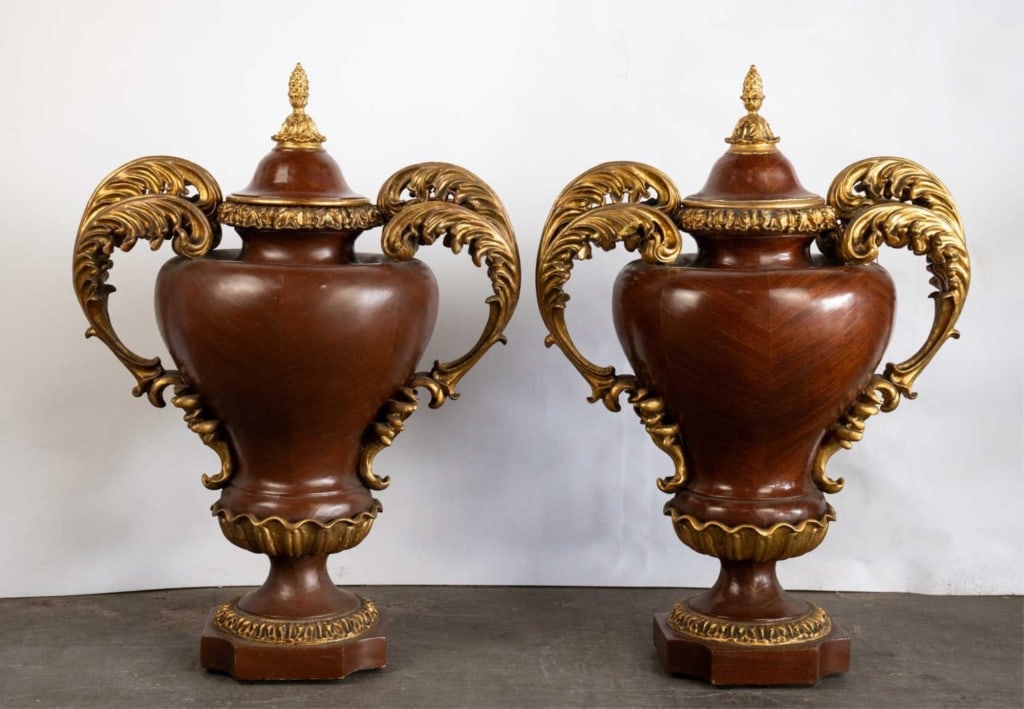 ITALIAN DECORATIVE URNS WITH GILT HANDLES: Italian decorative urns with gilt handles. Note: Each lot in this auction was stored in an active industrial warehouse. Accordingly, lots may exhibit dust and/or surface residue and may benefit from c