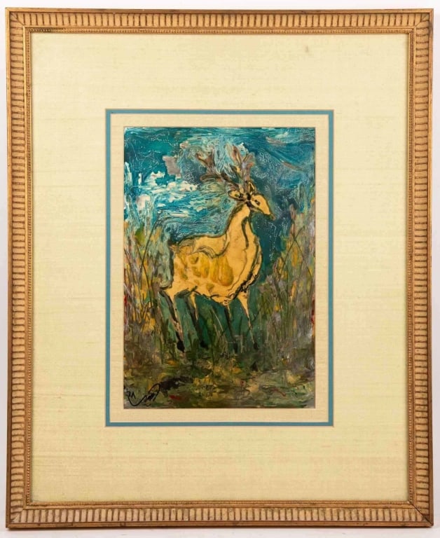 DEER, ACRYLIC ON PAPER: Acrylic on paper. Signed to ll. Framed. Note: Each lot in this auction was stored in an active industrial warehouse. Accordingly, lots may exhibit dust and/or surface residue and may benefit from clea
