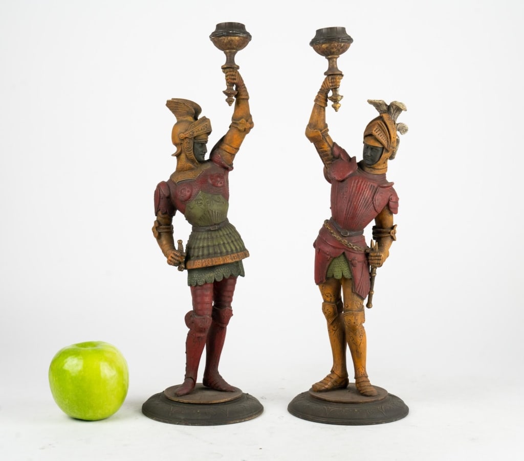 BRITTANIA METAL CANDLESTICKS: Pair Brittania metal candlesticks polychrome. European (1920 - 1930). Note: Each lot in this auction was stored in an active industrial warehouse. Accordingly, lots may exhibit dust and/or surface res