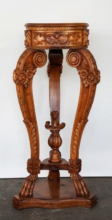 ITALIAN HAND-CARVED PLANT STAND W/ BRASS INLAY: Italian hand-carved plant stand w/ brass inlay. Note: Each lot in this auction was stored in an active industrial warehouse. Accordingly, lots may exhibit dust and/or surface residue and may benefit f