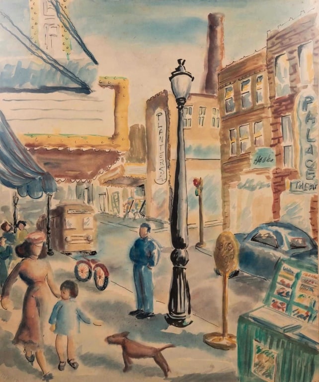 URBAN STREET SCENE WATERCOLOR ON PAPER BOARD (1 of 7)