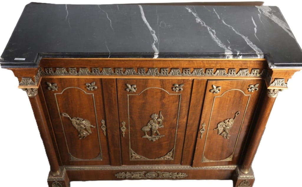 FRENCH MARBLE TOP CONSOLE: French marble top console. Note: Each lot in this auction was stored in an active industrial warehouse. Accordingly, lots may exhibit dust and/or surface residue and may benefit from cleaning. Approxi