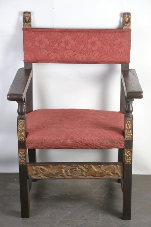 ITALIAN ANTIQUE GOLD LEAFED ARMCHAIR: Italian antique gold leafed armchair. Note: Each lot in this auction was stored in an active industrial warehouse. Accordingly, lots may exhibit dust and/or surface residue and may benefit from cleani
