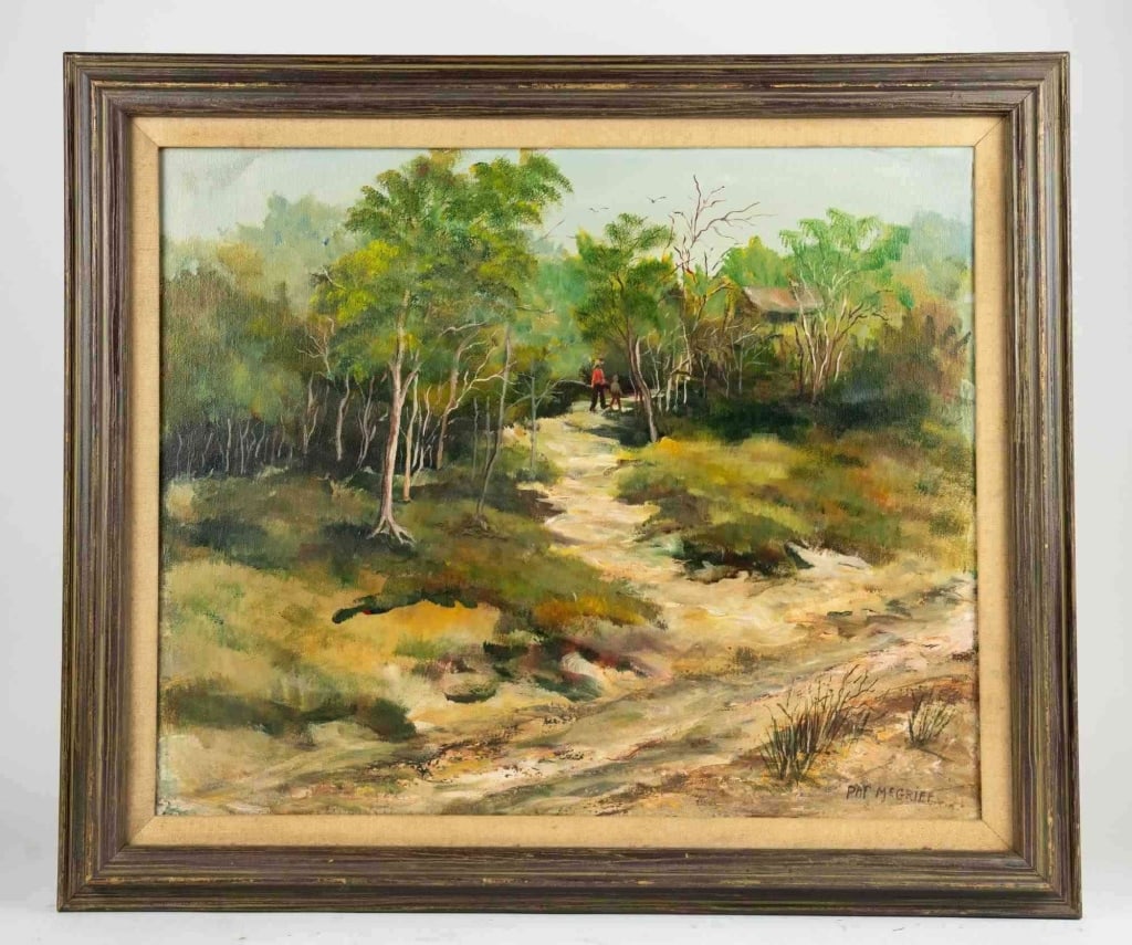 PAT MCGRIFF, LANDSCAPE, OIL ON CANVAS: Pat McGriff, landscape, oil on canvas signed to lr "pat McGriff". Framed. Note: Each lot in this auction was stored in an active industrial warehouse. Accordingly, lots may exhibit dust and/or surface