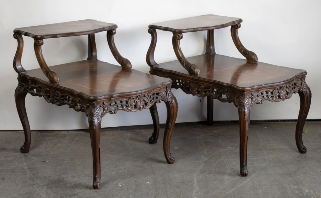 FRENCH PROVINCIAL CARVED STEP VINTAGE END TABLES (1 of 6)