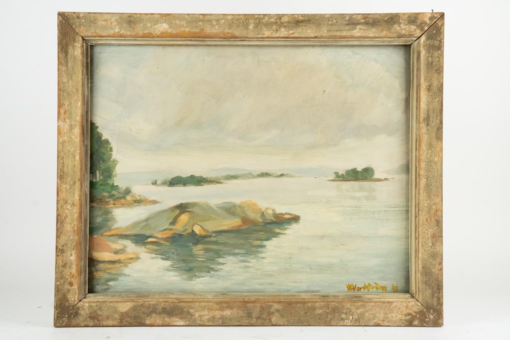 SIGNED WATERSCAPE OIL ON BOARD, 1941, by W. Vordstrom: Signed waterscape oil on board, 1941 signed to lr by W. Vordstrom. Framed. Note: Each lot in this auction was stored in an active industrial warehouse. Accordingly, lots may exhibit dust and/or surfac