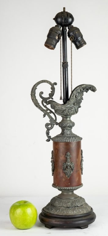 FRENCH NEOCLASSICAL DOUBLE LIGHT EWER TABLE LAMP: French neoclassical double light ewer decorative table lamp. Note: Each lot in this auction was stored in an active industrial warehouse. Accordingly, lots may exhibit dust and/or surface residue and 