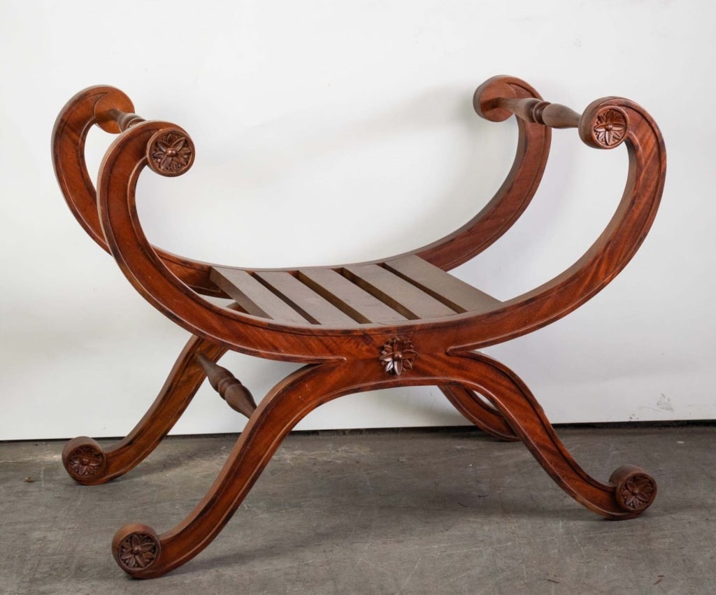 FRENCH MAHOGANY CURULE MAHOGANY CHAIR: French mahogany curule chair. Note: Each lot in this auction was stored in an active industrial warehouse. Accordingly, lots may exhibit dust and/or surface residue and may benefit from cleaning. Appr