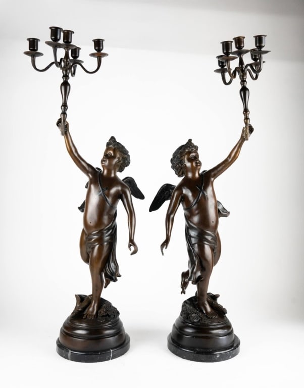 FRENCH BRONZE PETINA CHERUB 5-ARM CANDELABRAS: Pair of 20th c. French bronze patina cherub 5-arm candelabras. Note: Each lot in this auction was stored in an active industrial warehouse. Accordingly, lots may exhibit dust and/or surface residue an