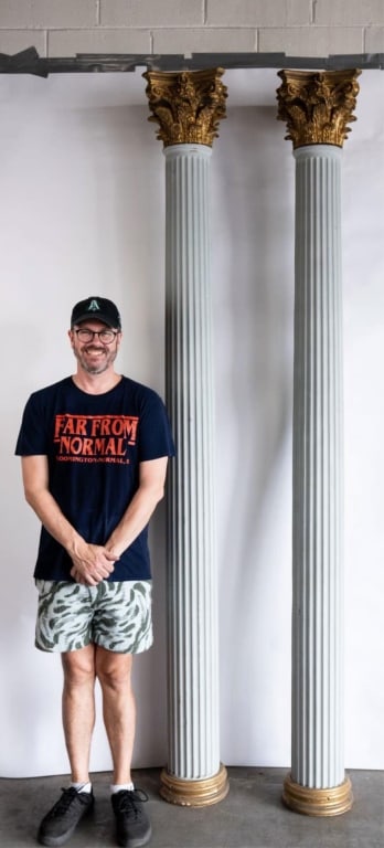 CORINTHIAN COLUMNS PAIR WITH GILT CAPITALS: Pair of fiberglass Corinthian columns with gilt capitals decorative fiberglass 20th c. Note: Each lot in this auction was stored in an active industrial warehouse. Accordingly, lots may exhibit dust a