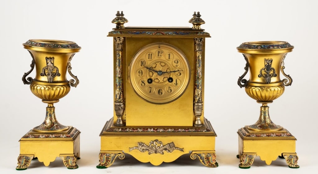 FRENCH CLOISONNE INLAY CLOCK SET (1 of 7)