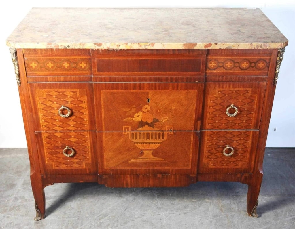 FRENCH ANTIQUE MARBLE TOP MARKETRY INLAID COMMODE (1 of 10)