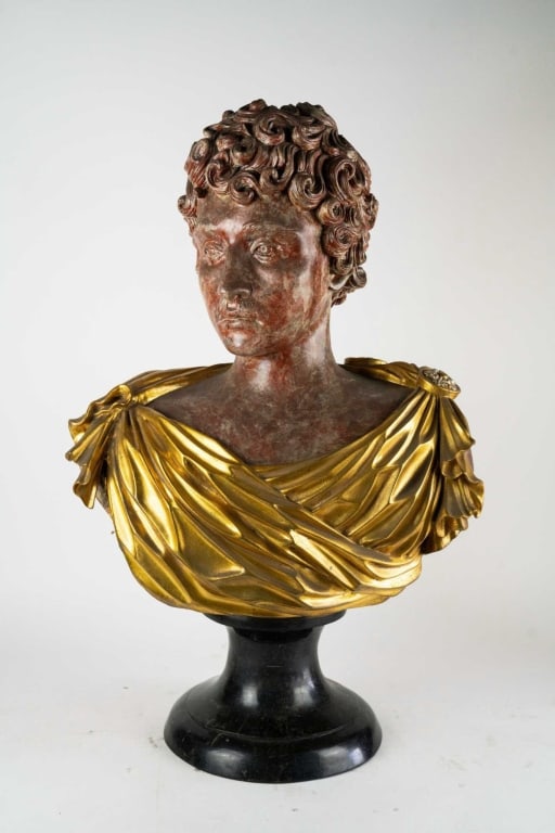 ITALIAN MARBLE AND GILT GRAND TOUR BUST 20TH C.: Italian marble and Gilt grand tour bust 20th c. composition on marble plinth. Note: Each lot in this auction was stored in an active industrial warehouse. Accordingly, lots may exhibit dust and/or sur