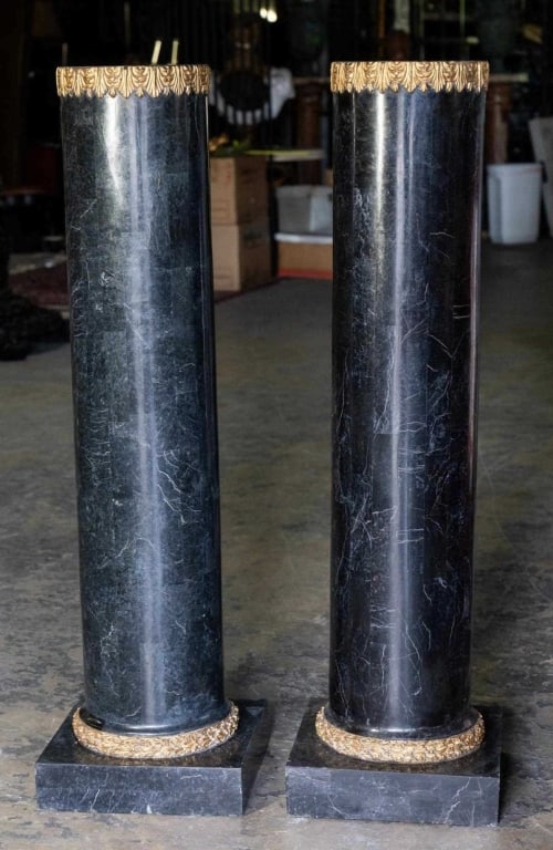 FRENCH MARBLE & PARCEL-GILT MONUMENTAL PEDESTALS: Pair of marble & parcel-Gilt palatial monumental pedestals. Note: Each lot in this auction was stored in an active industrial warehouse. Accordingly, lots may exhibit dust and/or surface residue and m