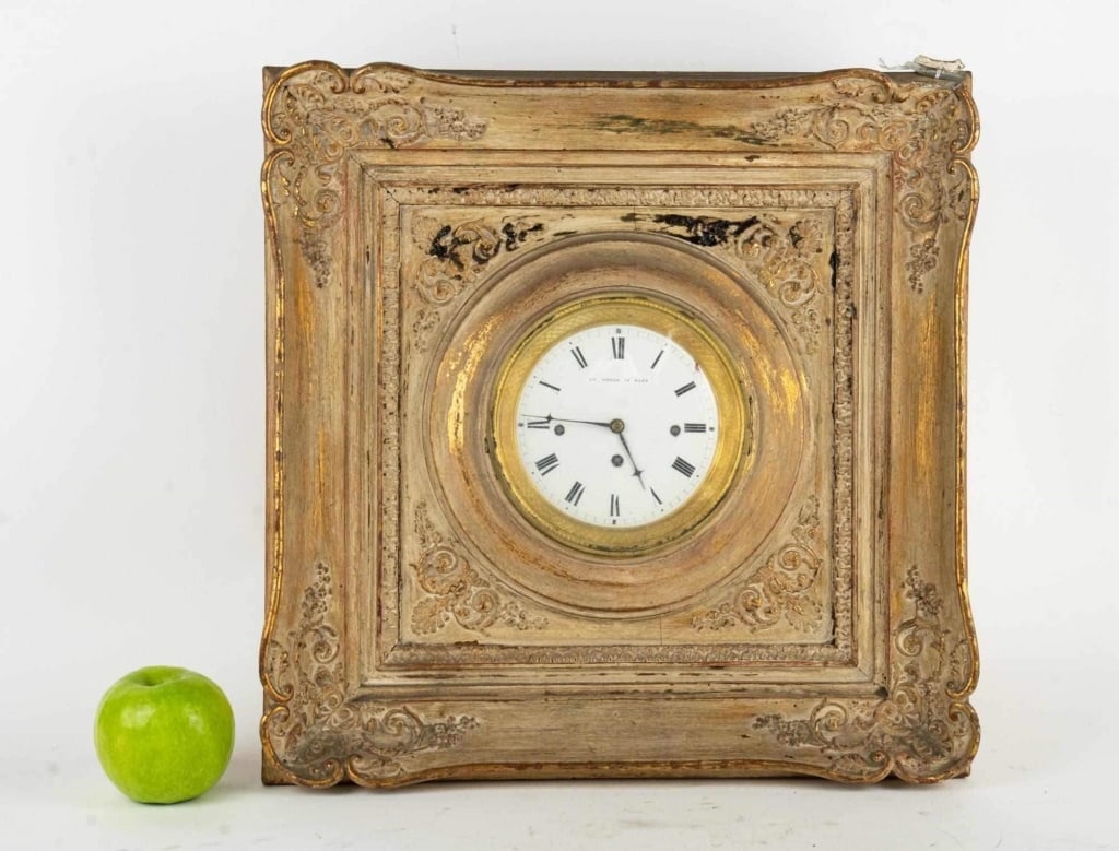 ANTIQUE FRENCH PORCELAIN VIENNA CLOCK: Circa 1820 - 1830. Original price $2,100. Porcelain face, roman numeral dial. Note: Each lot in this auction was stored in an active industrial warehouse. Accordingly, lots may exhibit dust and/or sur