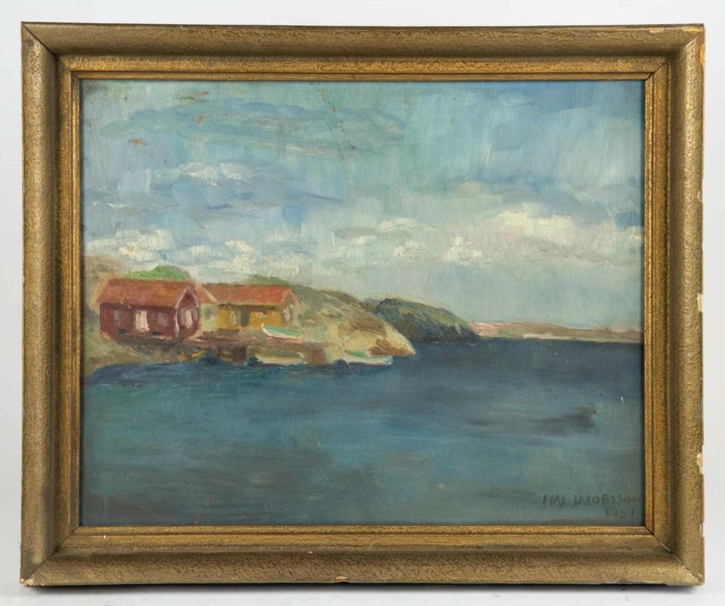 M. JACOBSON, NEW ENGLAND SEASCAPE, OIL ON BOARD: M. Jacobson, new England seascape, oil on board signed to lr. Framed. Note: Each lot in this auction was stored in an active industrial warehouse. Accordingly, lots may exhibit dust and/or surface res