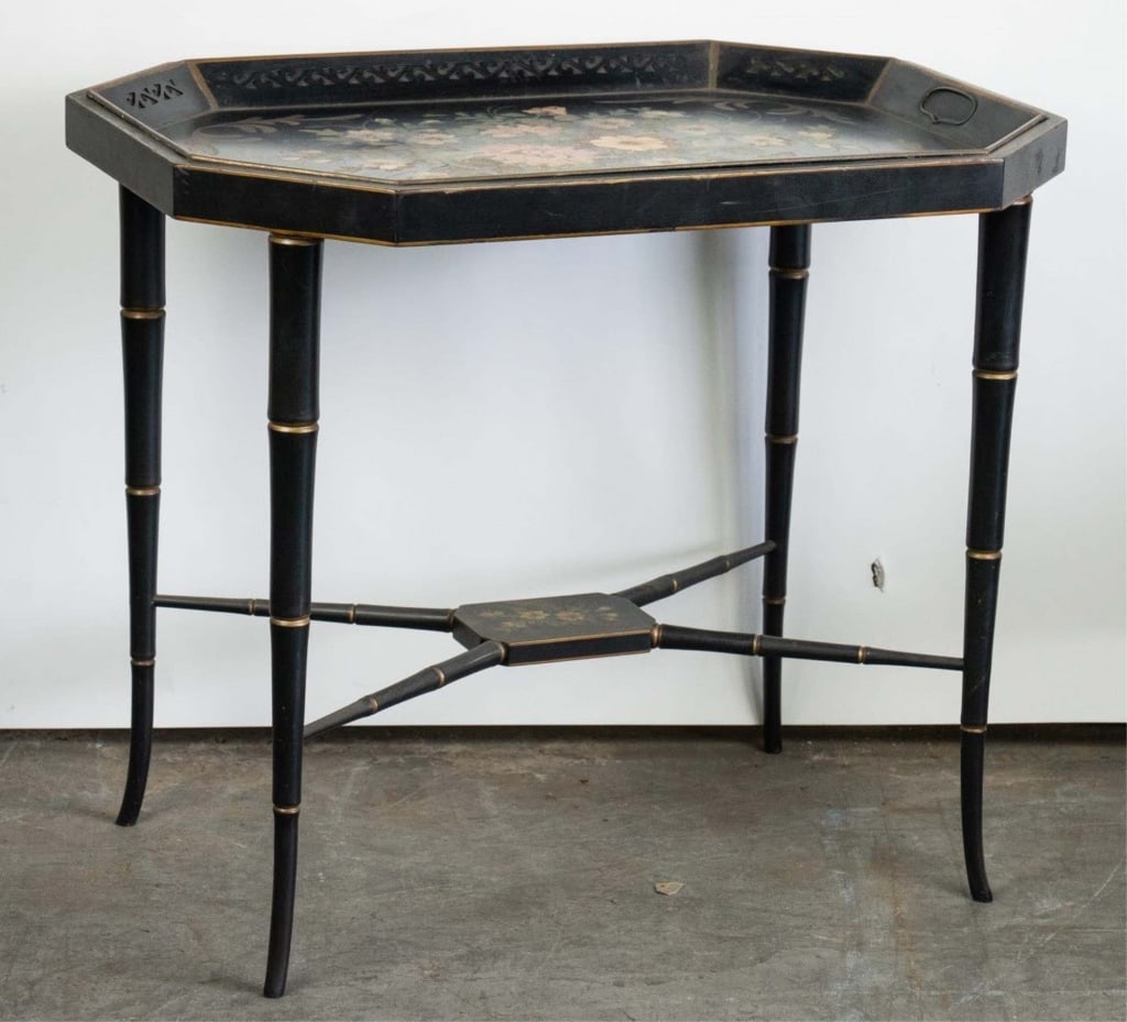 AMERICAN HAND-PAINTED TOLE TRAY ON STAND (1 of 4)