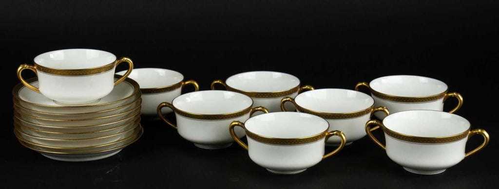 HAVILAND FRENCH BOUILLON SERVICE: French Haviland bouillon service8 bouillons, 8 saucers. Note: Each lot in this auction was stored in an active industrial warehouse. Accordingly, lots may exhibit dust and/or surface residue and may b