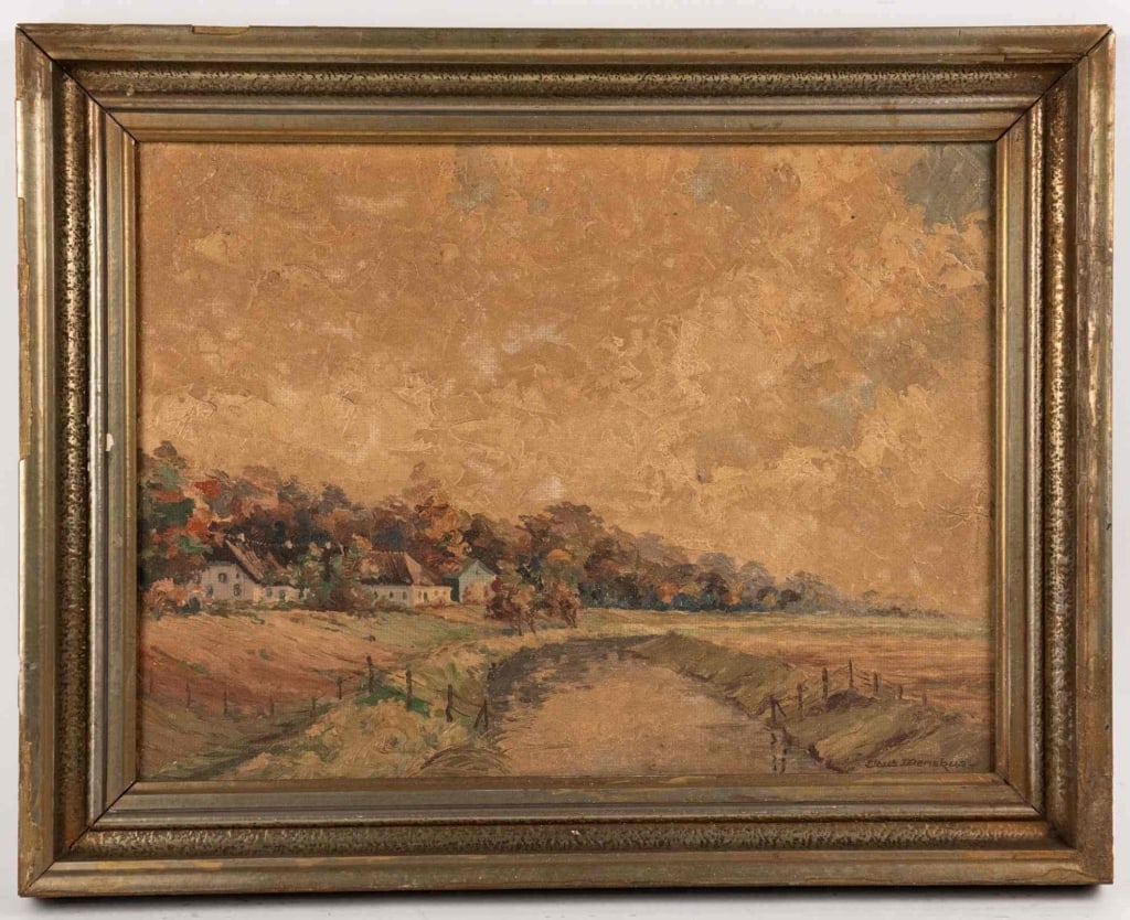 CLAUS MENSKUS, COUNTRY LANDSCAPE, OIL ON PANEL: Early/mid 20th century; pastoral view with farmhouses along a stream beneath a broad sky; oil on board; signed lower right "Claus wenskus"; Gilt molded frame; newspaper clipping and handwritten German