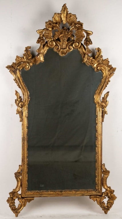ITALIAN ORNATELY CARVED GILT WOOD WALL MIRROR (1 of 4)