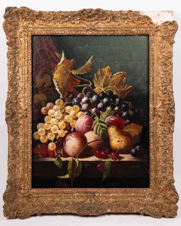 SIGNED H HELLEWELL FRUIT STILL LIFE OIL ON CANVAS (1 of 8)