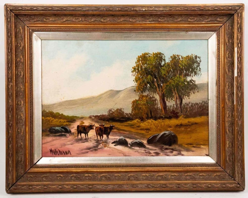 SIGNED HUTCHISON LANDSCAPE WITH CATTLE OIL ON BOAR: 20th century pastoral landscape with cattle on a track before distant hills oil on board signed Hutchison lower left presented in a molded frame with silvered liner artist not found in standard refere