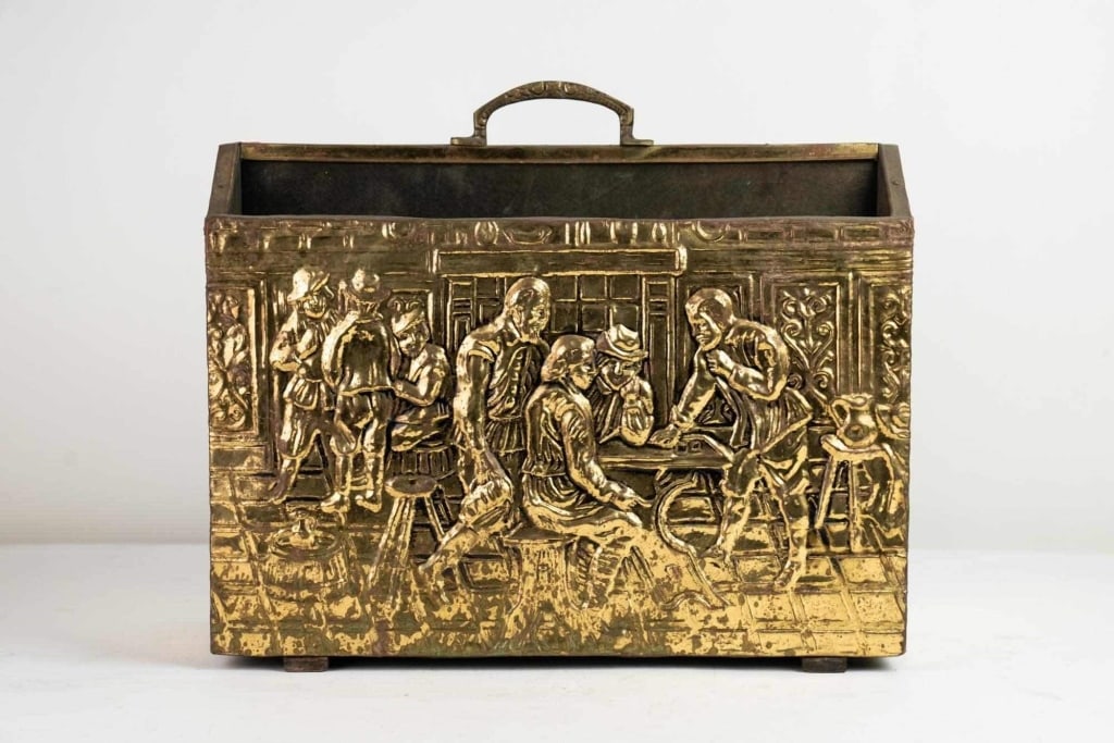 ENGLISH HAND CHASED BRASS AND WOOD MAGAZINE RACK (1 of 5)