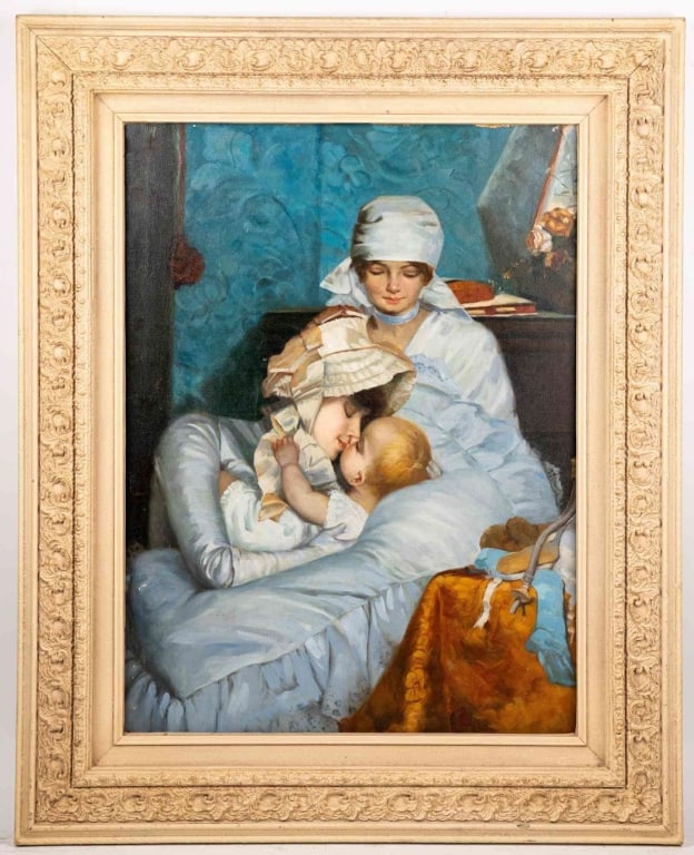 PORTRAIT OF TWO LADIES W/CHILD: Oil on canvas. Apparently unsigned. Framed. Note: Each lot in this auction was stored in an active industrial warehouse. Accordingly, lots may exhibit dust and/or surface residue and may benefit from 