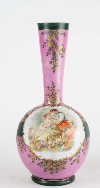 FRENCH GLASS HANDPAINTED VASE: French glass handpainted vase. Note: Each lot in this auction was stored in an active industrial warehouse. Accordingly, lots may exhibit dust and/or surface residue and may benefit from cleaning. App