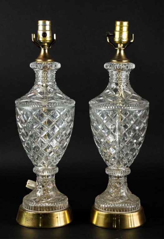 WATERFORD STYLE CRYSTAL LAMPS: Pair of Waterford style crystal lamps. Note: Each lot in this auction was stored in an active industrial warehouse. Accordingly, lots may exhibit dust and/or surface residue and may benefit from clean