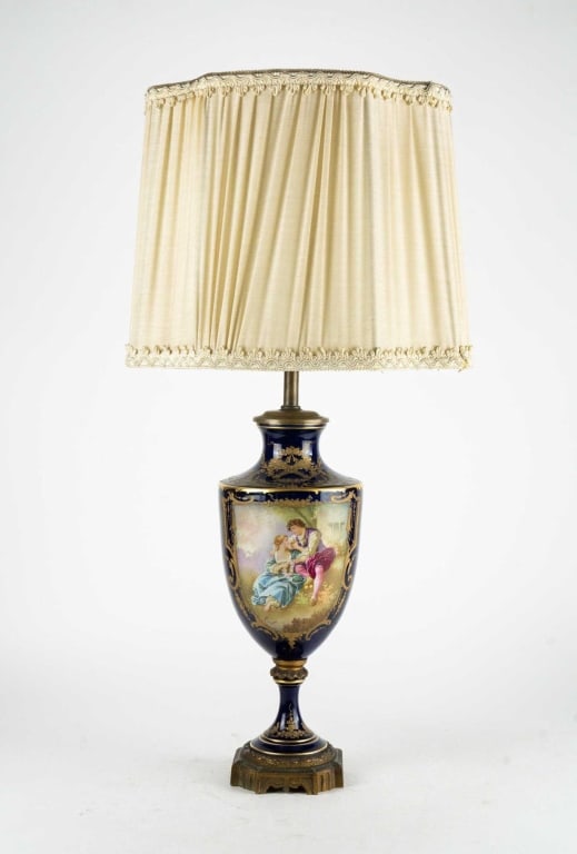 SERVES HANDPAINTED PORTRAIT LAMP: Parcel Gilt, cobalt, portrait and landscape urn converted to lamp (approx. 1920). Note: Each lot in this auction was stored in an active industrial warehouse. Accordingly, lots may exhibit dust and/or