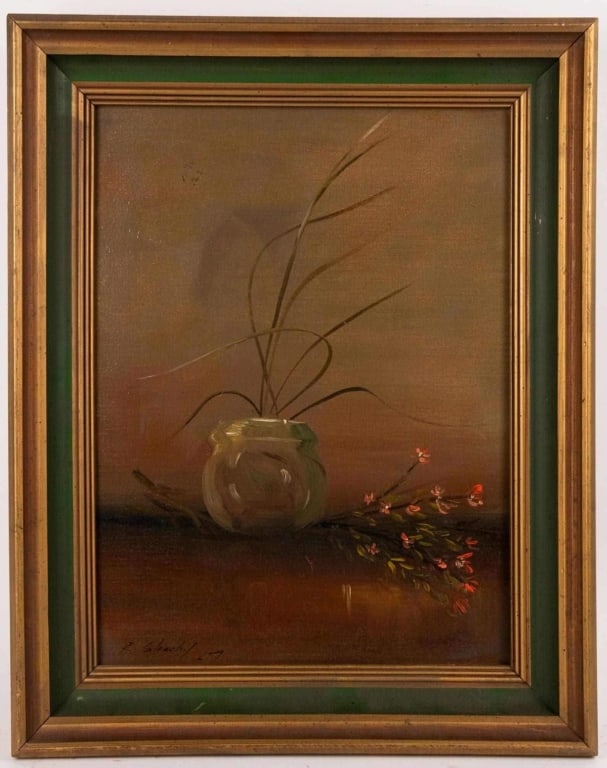 SIGNED STILL LIFE PAINTING, OIL ON CANVAS: Mid-20th c. Still life with glass jar and sprig on a table; oil on canvas; apparently signed l.l. "r slechl" and apparently dated '69; Gilt frame with green liner. Note: Each lot in this auction was s