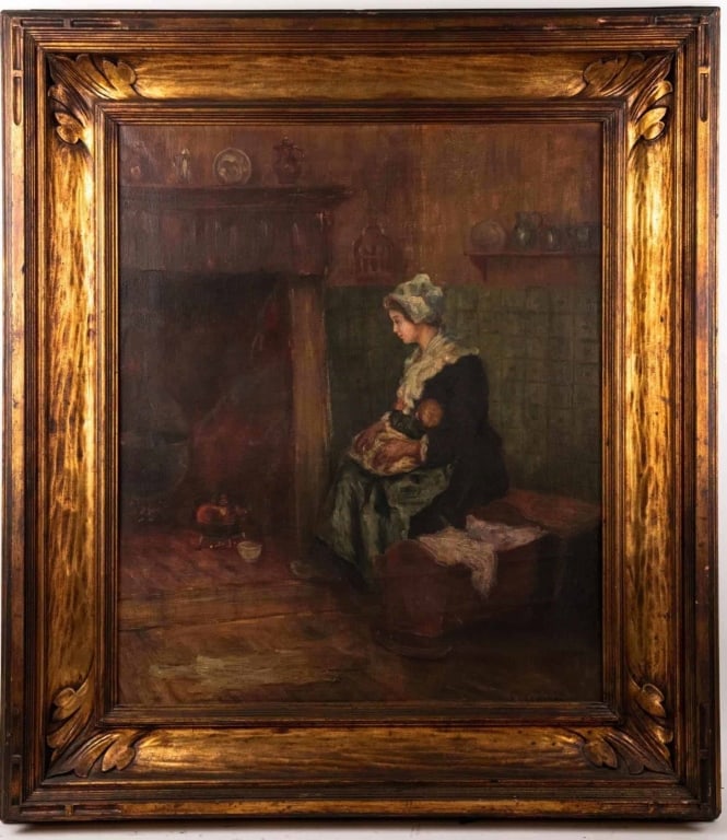 EUROPEAN INTERIOR PORTRAIT STUDY OIL ON CANVAS: Oil on canvas. Signed to lr. Framed. Note: Each lot in this auction was stored in an active industrial warehouse. Accordingly, lots may exhibit dust and/or surface residue and may benefit from cleanin