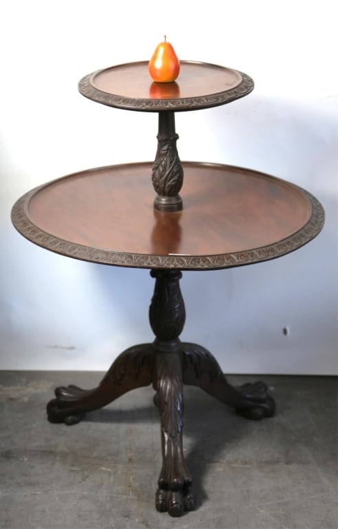 ENGLISH ANTIQUE FINELY CARVED DUMBWAITER: English antique finely carved dumbwaiter. Note: Each lot in this auction was stored in an active industrial warehouse. Accordingly, lots may exhibit dust and/or surface residue and may benefit from cl