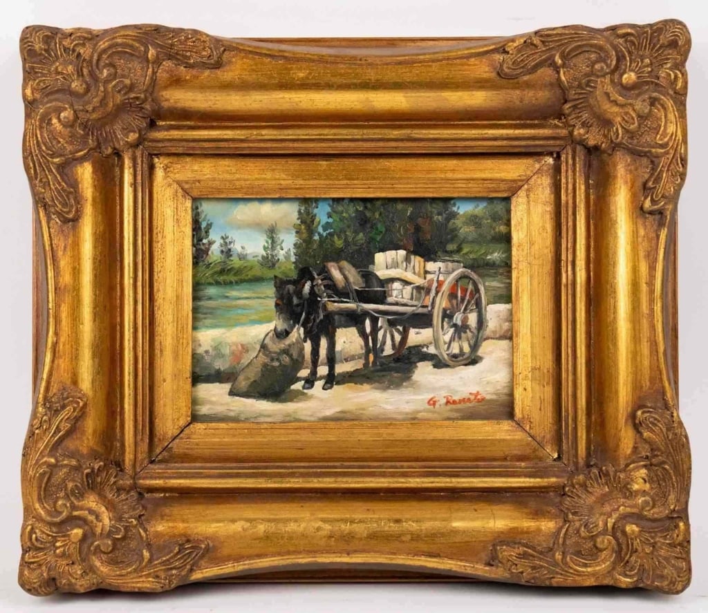 SIGNED COUNTRY SCENE, OIL ON BOARD: Oil on board depicting a country riverbank with a horse and cart the horse feeding from a sack signed indistinctly lower right (appears g. Renee) presented in an ornate Gilt frame likely early-mid 20t