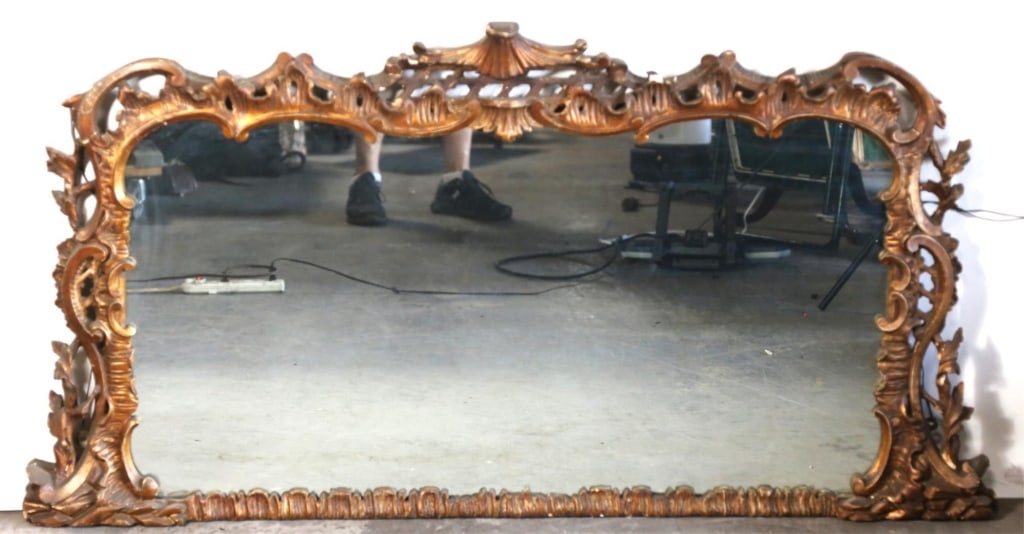 FRENCH ANTIQUE GILT OVER MANTLE MIRROR: French antique Gilt over mantle mirror pagoda form. Note: Each lot in this auction was stored in an active industrial warehouse. Accordingly, lots may exhibit dust and/or surface residue and may benef