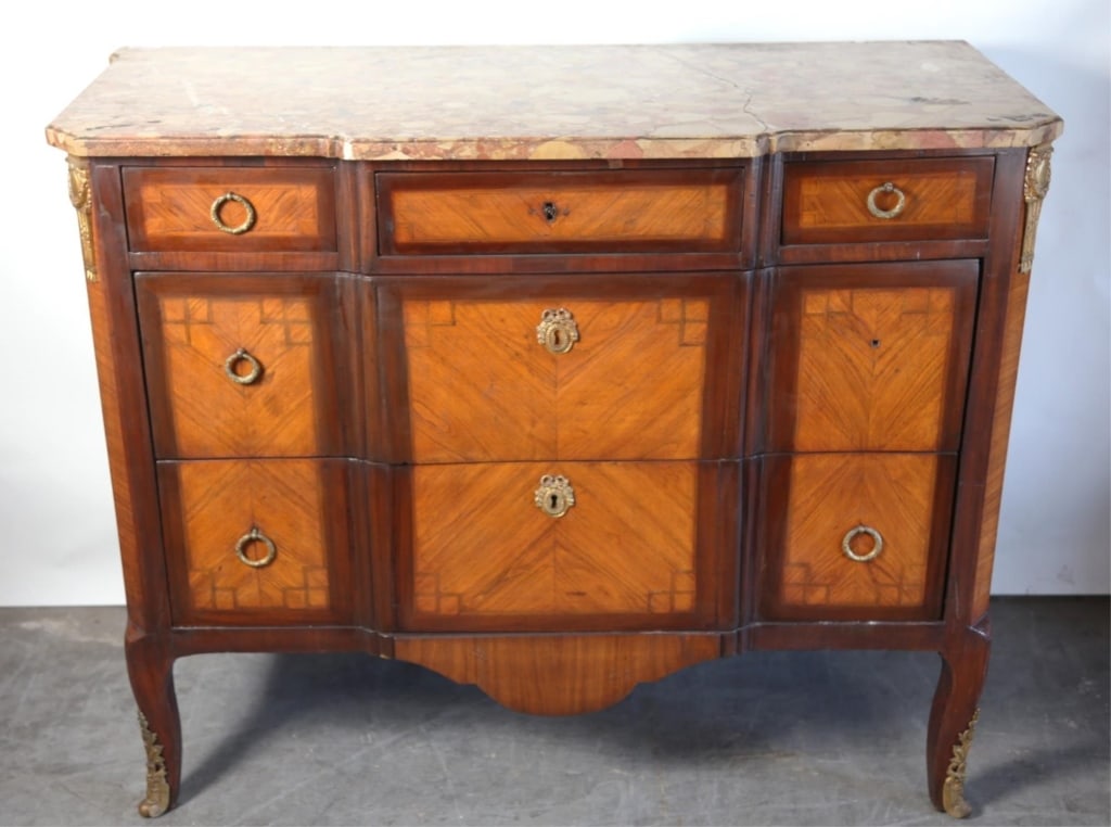 FRENCH ANTIQUE MARQUETRY MARBLE TOP COMMODE (1 of 6)