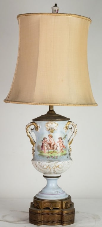 FRENCH PORCELAIN TWO HANDLED URN TABLE LAMP (1 of 6)