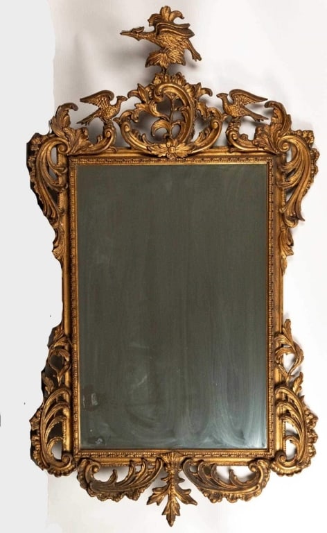HAND CARVED GILT WOOD MIRROR WITH BIRDS: Hand carved Gilt wood mirror with birds. Note: Each lot in this auction was stored in an active industrial warehouse. Accordingly, lots may exhibit dust and/or surface residue and may benefit from cle