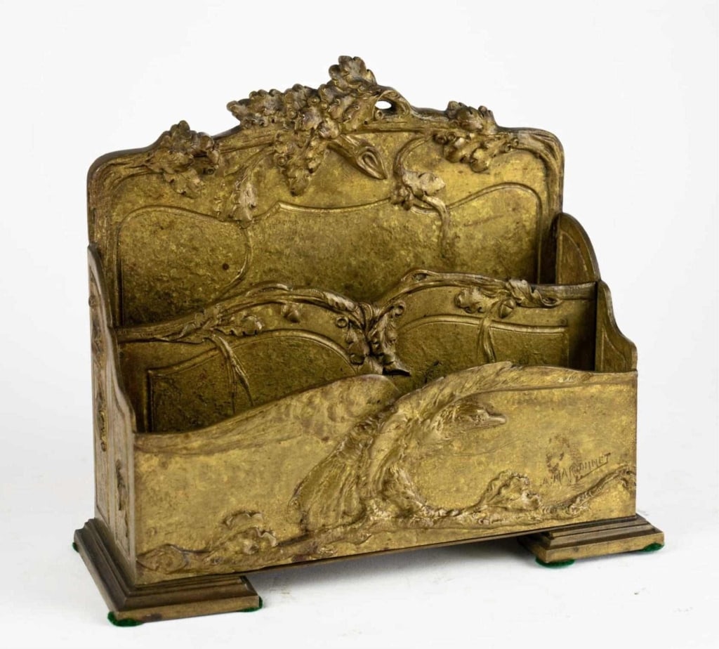 FRENCH A. MARIONNET GILT BRONZE LETTERBOX: French a. Marionnet Gilt Bronze letterbox signed. Note: Each lot in this auction was stored in an active industrial warehouse. Accordingly, lots may exhibit dust and/or surface residue and may benefit