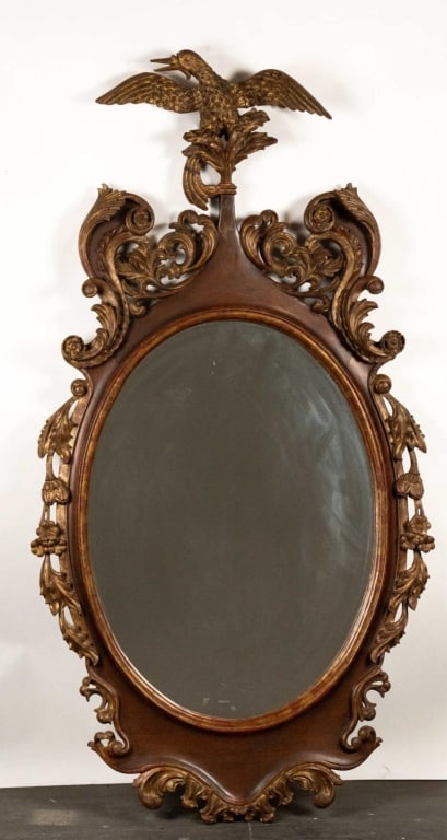 CONTINENTAL STYLE HAND CARVED MAHOGANY OVAL MIRROR (1 of 7)