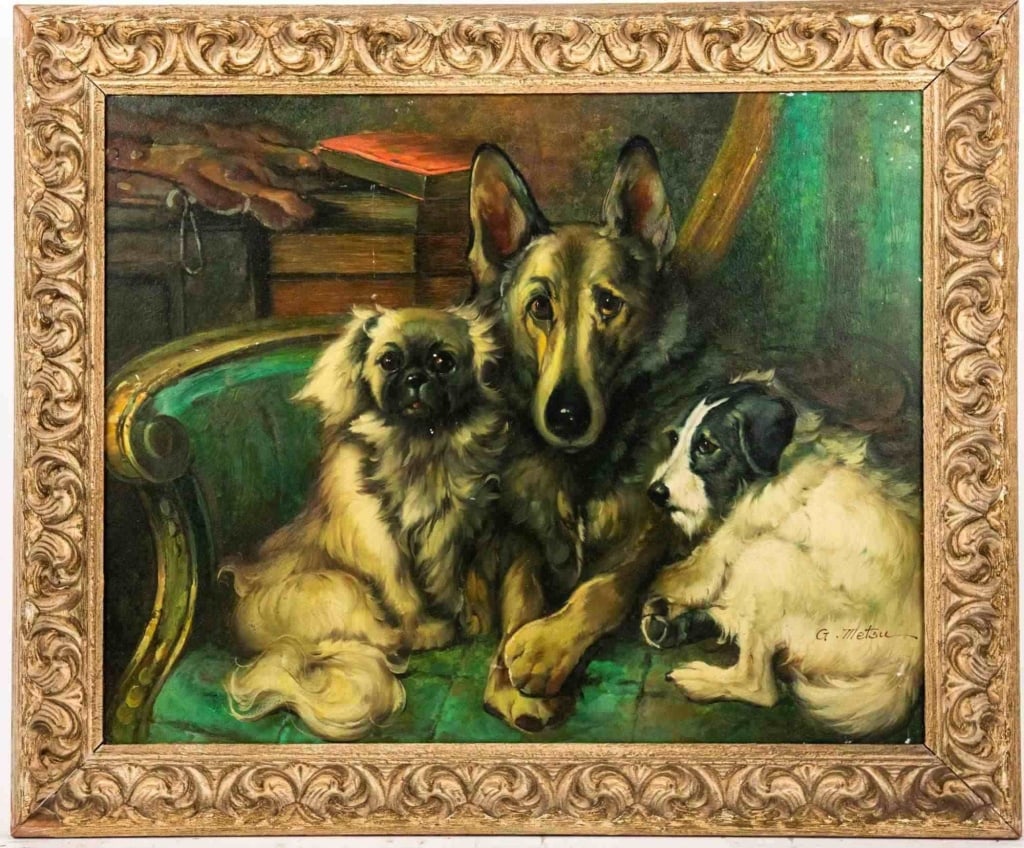 PORTRAIT OF THREE DOGS, SIGNED G. METSU O/B (1 of 7)