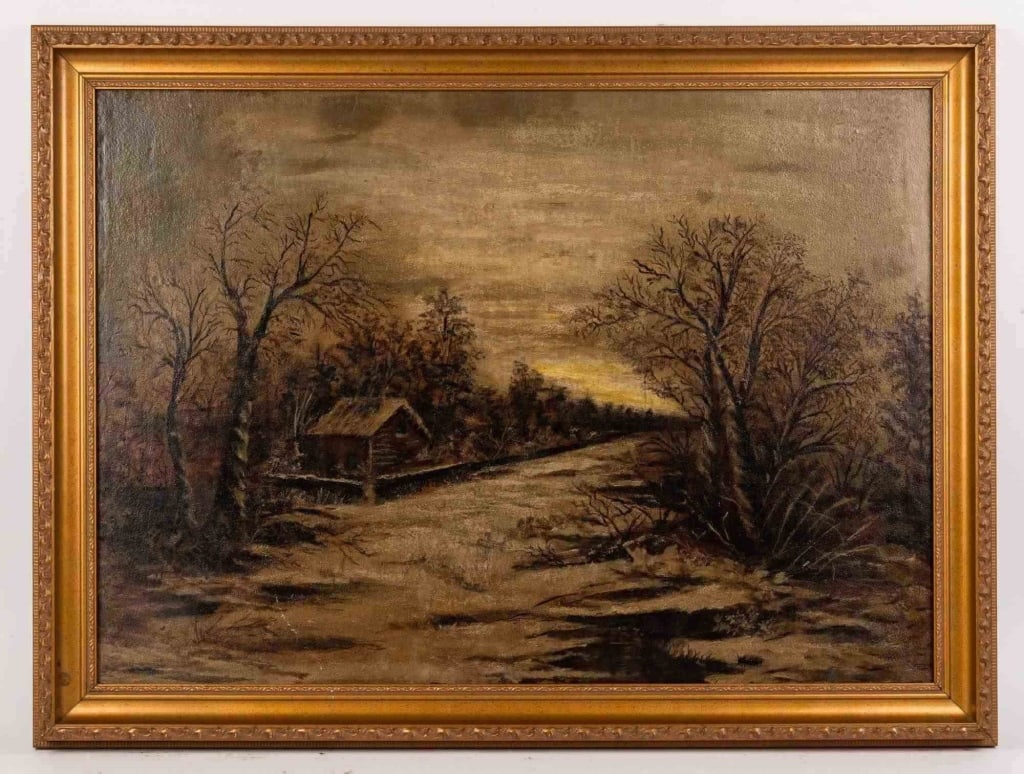WINTER LANDSCAPE, OIL ON BOARD: Winter landscape, oil on board. Apparently unsigned. Framed. Note: Each lot in this auction was stored in an active industrial warehouse. Accordingly, lots may exhibit dust and/or surface residue and 