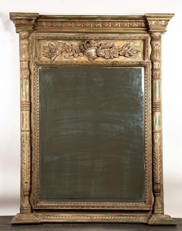 LOUIS XVI STYLE GILT COLUMN FORM WALL MIRROR: Louis XVI style Gilt column form wall mirror. Note: Each lot in this auction was stored in an active industrial warehouse. Accordingly, lots may exhibit dust and/or surface residue and may benefit fro